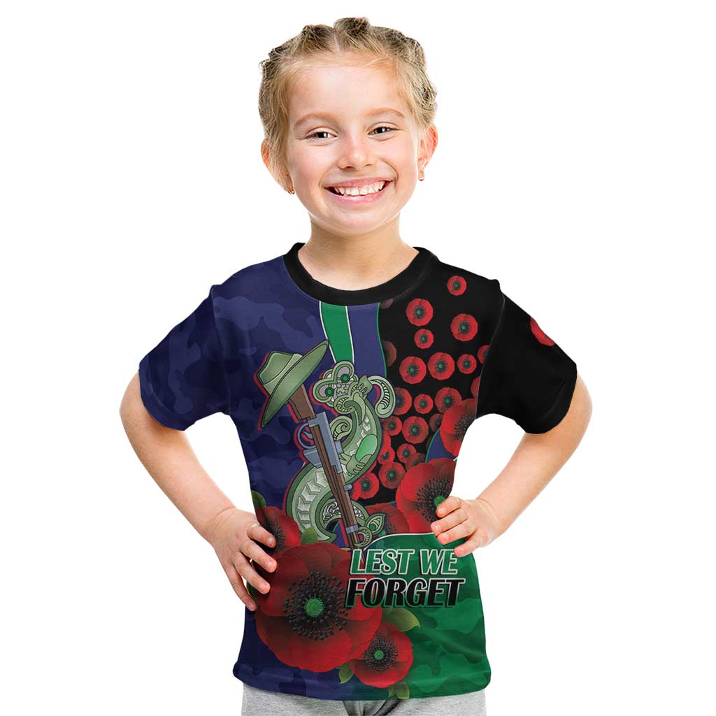 New Zealand Warriors ANZAC Personalised Kid T Shirt Lest We Forget Poppy Camo