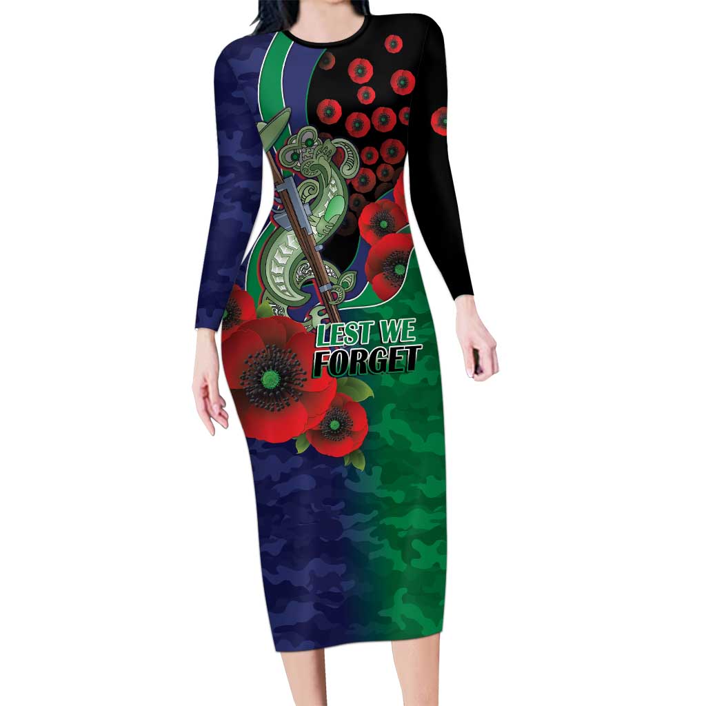New Zealand Warriors ANZAC Personalised Long Sleeve Bodycon Dress Lest We Forget Poppy Camo