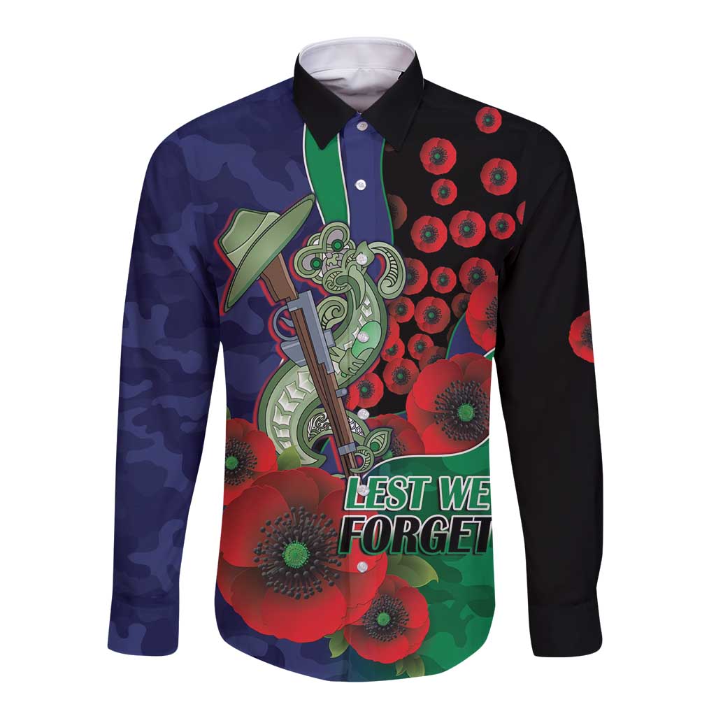 New Zealand Warriors ANZAC Personalised Long Sleeve Button Shirt Lest We Forget Poppy Camo