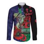 New Zealand Warriors ANZAC Personalised Long Sleeve Button Shirt Lest We Forget Poppy Camo