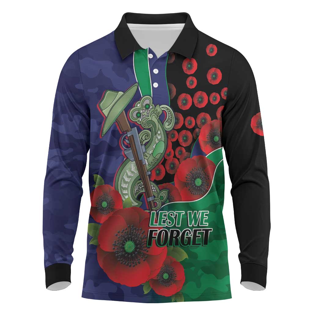 New Zealand Warriors ANZAC Personalised Long Sleeve Polo Shirt Lest We Forget Poppy Camo