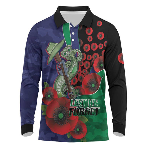 New Zealand Warriors ANZAC Personalised Long Sleeve Polo Shirt Lest We Forget Poppy Camo