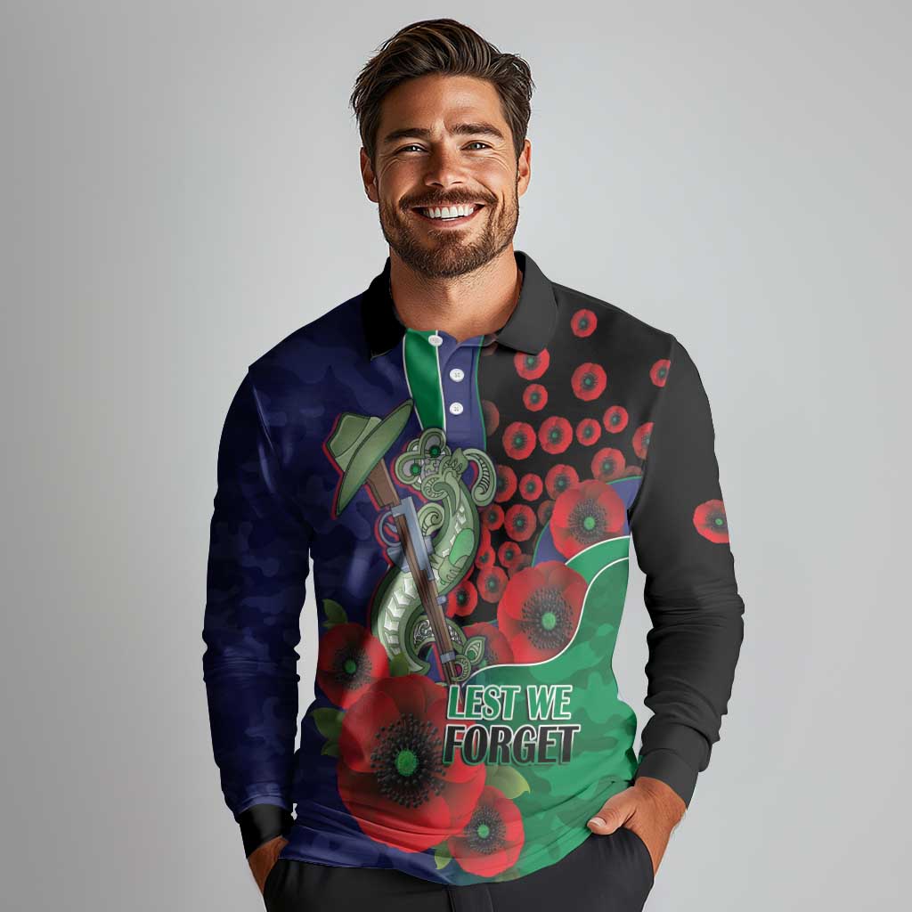 New Zealand Warriors ANZAC Personalised Long Sleeve Polo Shirt Lest We Forget Poppy Camo