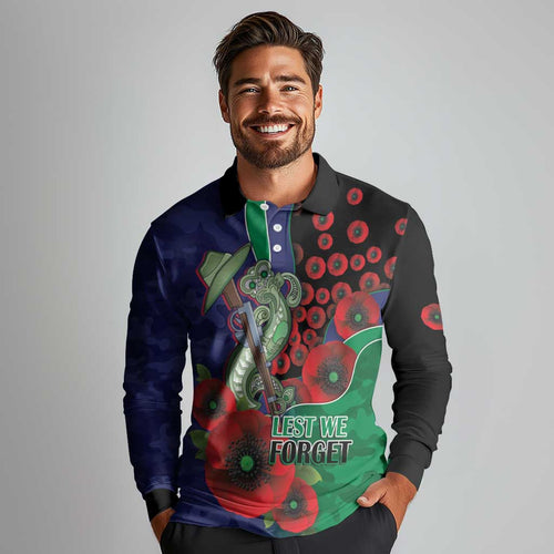 New Zealand Warriors ANZAC Personalised Long Sleeve Polo Shirt Lest We Forget Poppy Camo