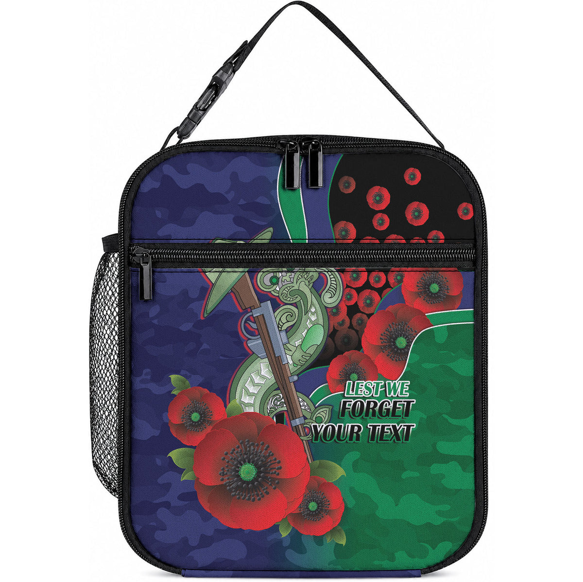 New Zealand Warriors ANZAC Personalised Lunch Bag Lest We Forget Poppy Camo