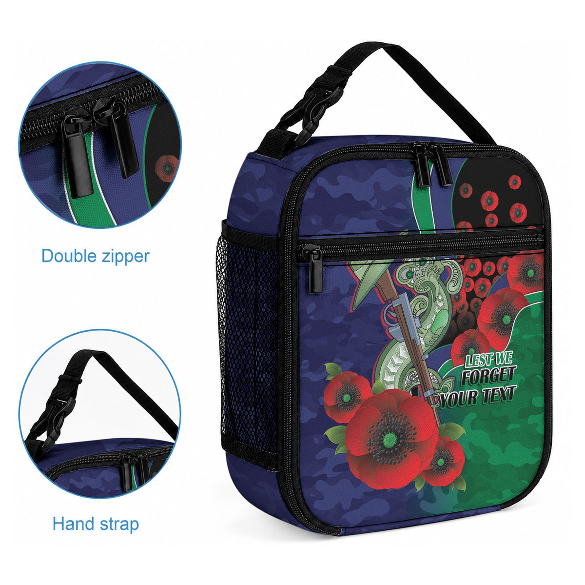New Zealand Warriors ANZAC Personalised Lunch Bag Lest We Forget Poppy Camo