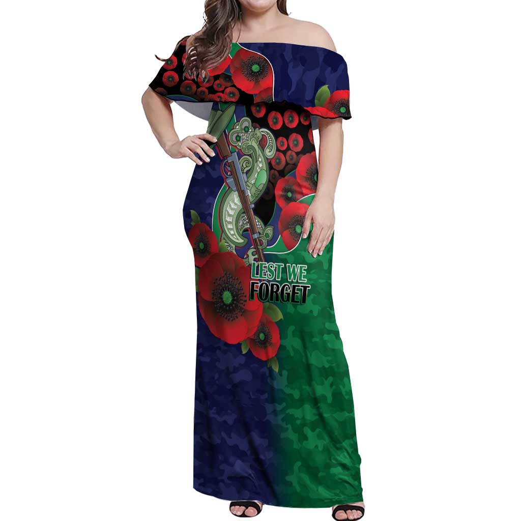New Zealand Warriors ANZAC Personalised Off Shoulder Maxi Dress Lest We Forget Poppy Camo