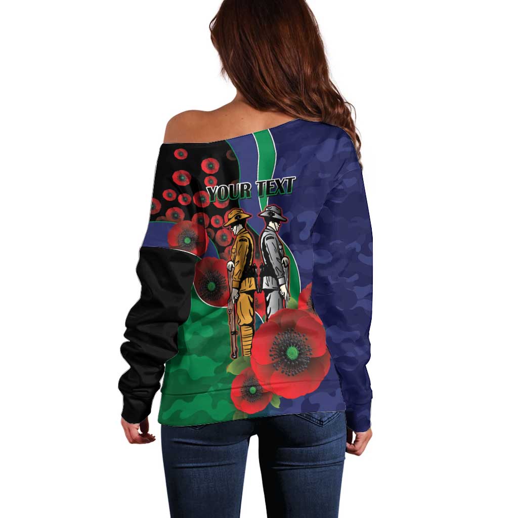 New Zealand Warriors ANZAC Personalised Off Shoulder Sweater Lest We Forget Poppy Camo
