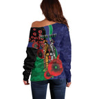 New Zealand Warriors ANZAC Personalised Off Shoulder Sweater Lest We Forget Poppy Camo