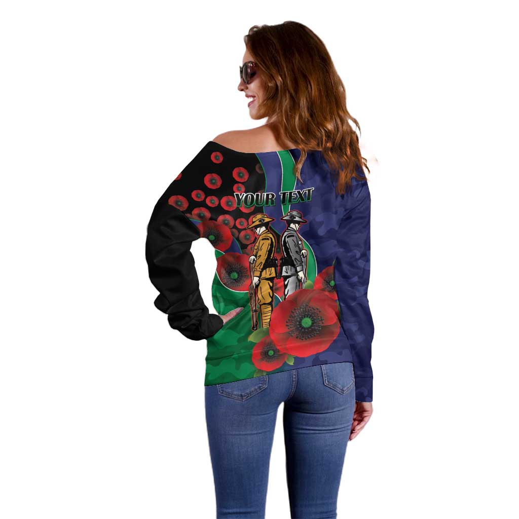 New Zealand Warriors ANZAC Personalised Off Shoulder Sweater Lest We Forget Poppy Camo