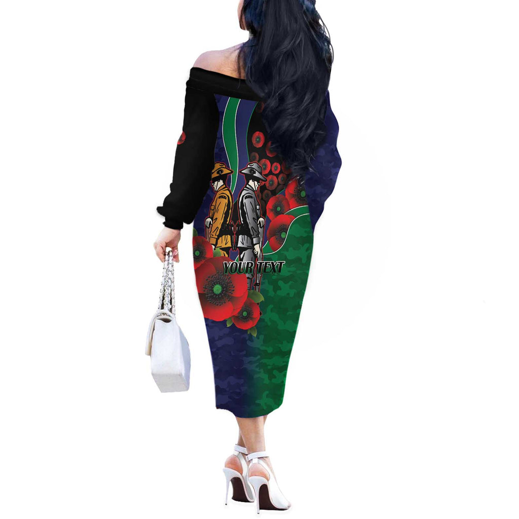 New Zealand Warriors ANZAC Personalised Off The Shoulder Long Sleeve Dress Lest We Forget Poppy Camo