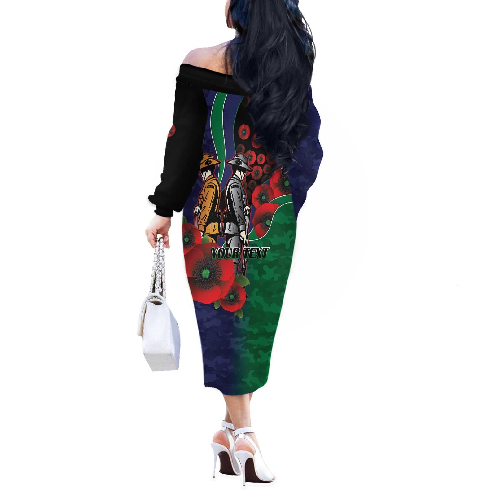 New Zealand Warriors ANZAC Personalised Off The Shoulder Long Sleeve Dress Lest We Forget Poppy Camo