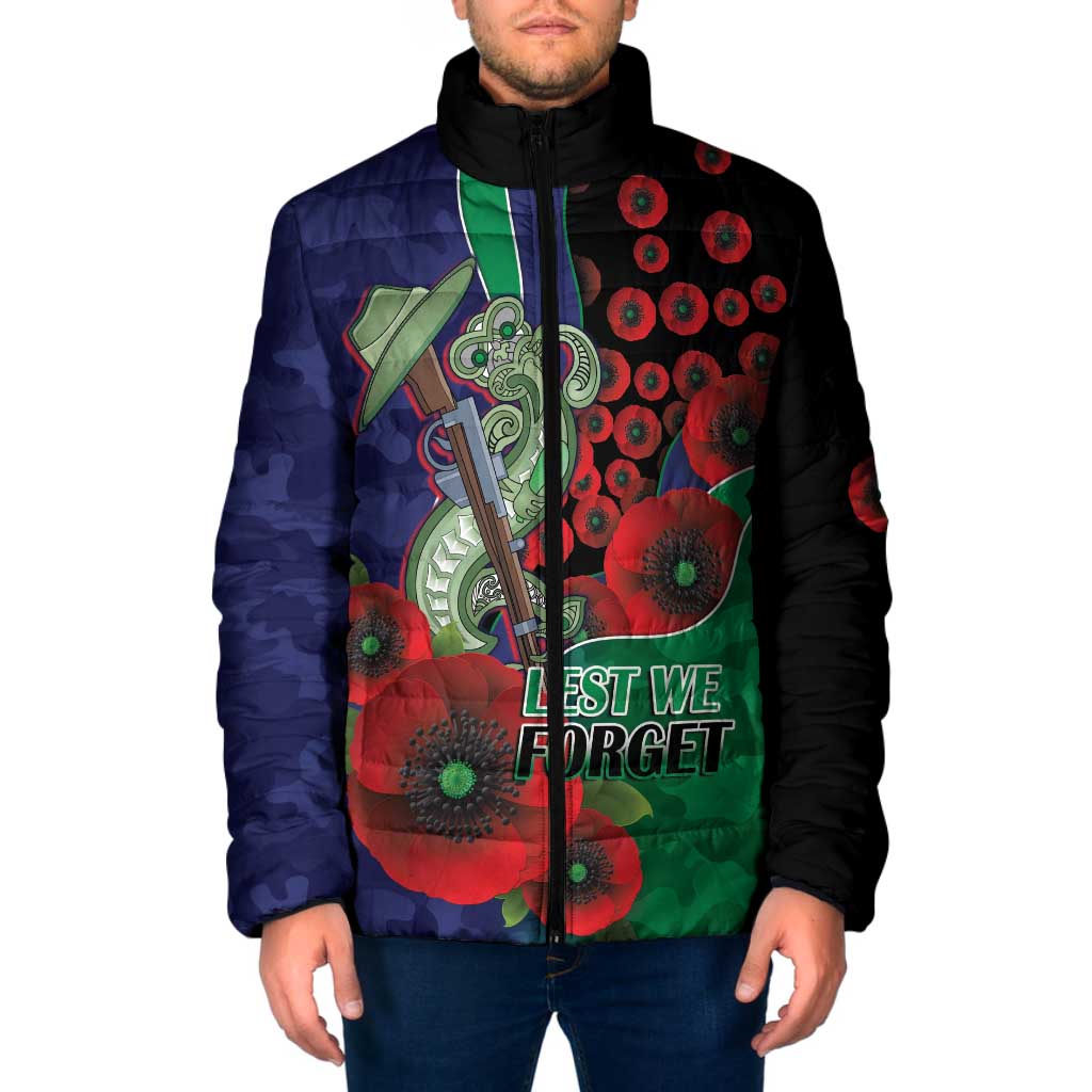 New Zealand Warriors ANZAC Personalised Padded Jacket Lest We Forget Poppy Camo