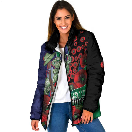 New Zealand Warriors ANZAC Personalised Padded Jacket Lest We Forget Poppy Camo