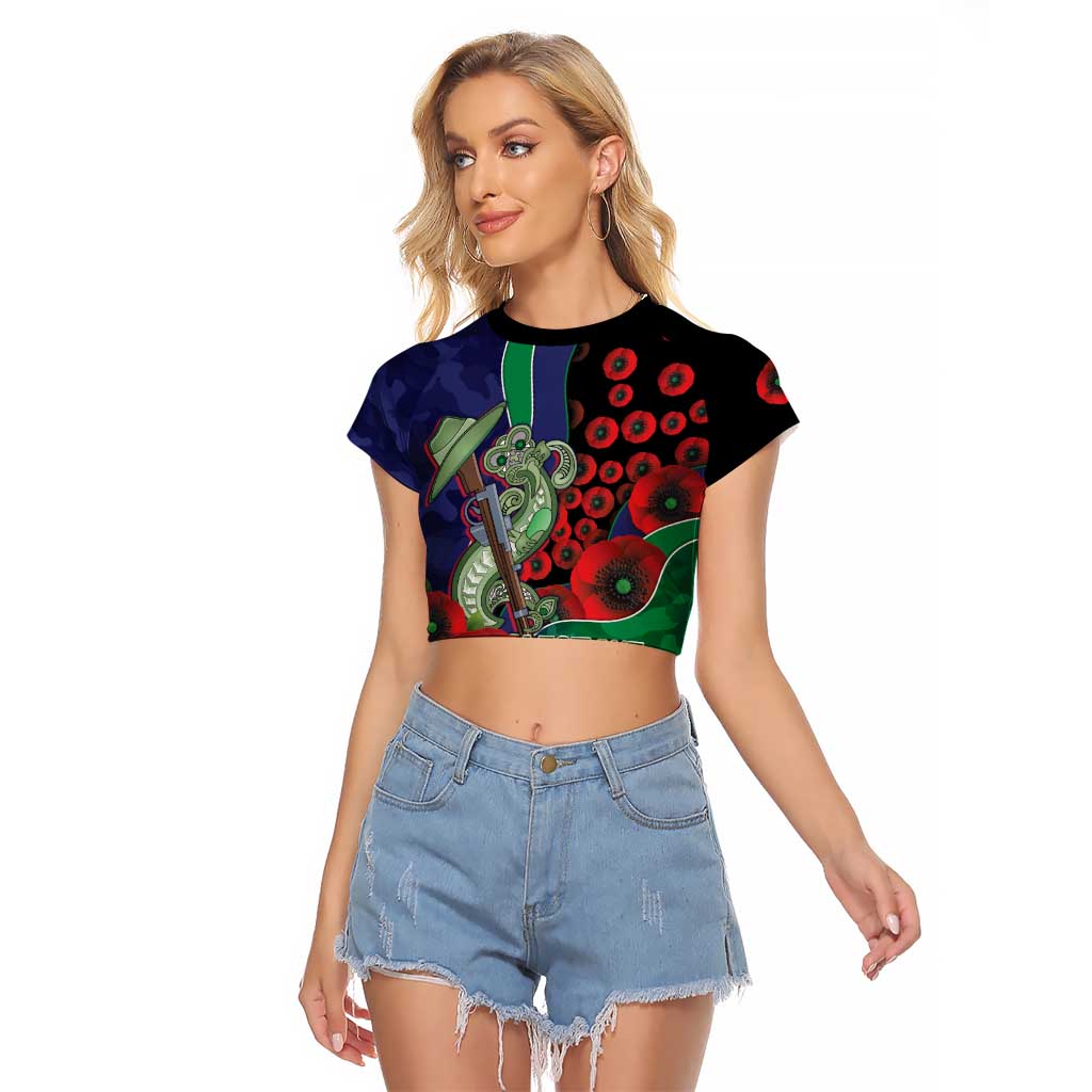 New Zealand Warriors ANZAC Personalised Raglan Cropped T Shirt Lest We Forget Poppy Camo