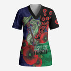 New Zealand Warriors ANZAC Personalised Scrub Top Lest We Forget Poppy Camo