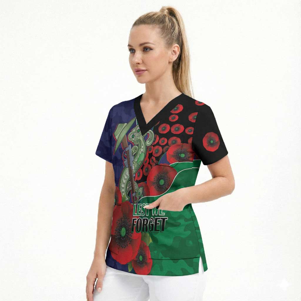 New Zealand Warriors ANZAC Personalised Scrub Top Lest We Forget Poppy Camo