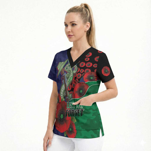 New Zealand Warriors ANZAC Personalised Scrub Top Lest We Forget Poppy Camo