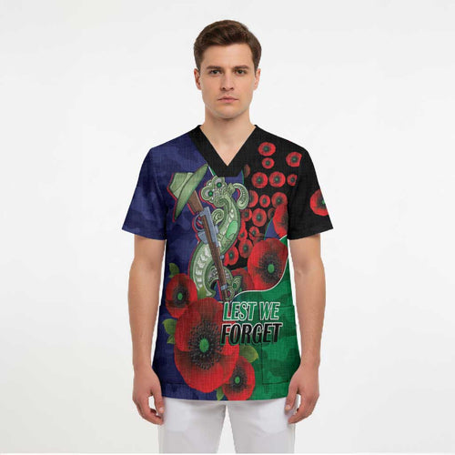 New Zealand Warriors ANZAC Personalised Scrub Top Lest We Forget Poppy Camo