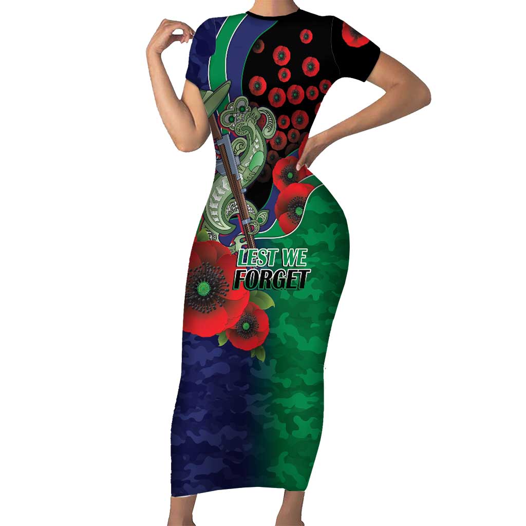 New Zealand Warriors ANZAC Personalised Short Sleeve Bodycon Dress Lest We Forget Poppy Camo