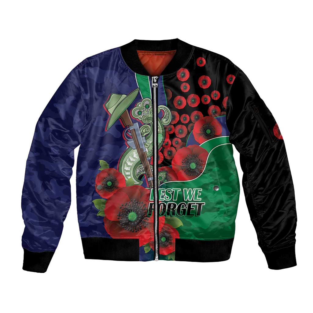 New Zealand Warriors ANZAC Personalised Sleeve Zip Bomber Jacket Lest We Forget Poppy Camo