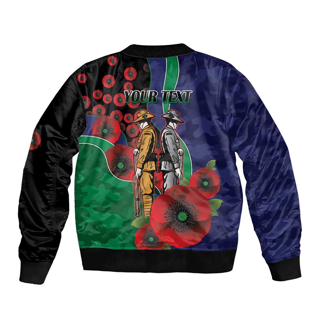 New Zealand Warriors ANZAC Personalised Sleeve Zip Bomber Jacket Lest We Forget Poppy Camo