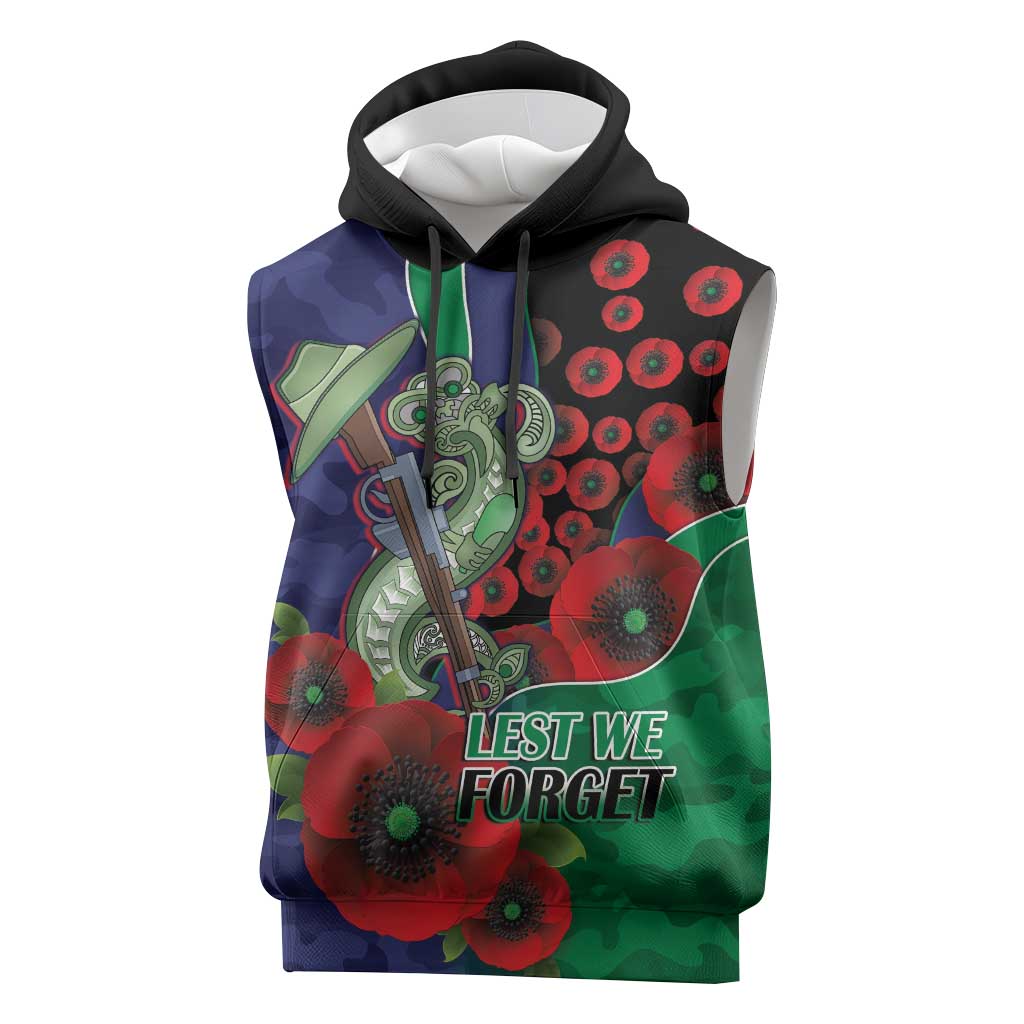 New Zealand Warriors ANZAC Personalised Sleeveless Hoodie Lest We Forget Poppy Camo