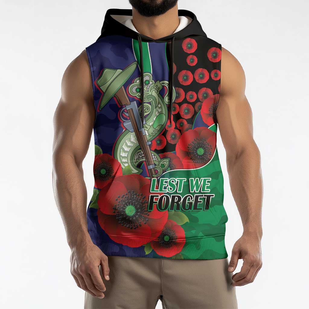 New Zealand Warriors ANZAC Personalised Sleeveless Hoodie Lest We Forget Poppy Camo