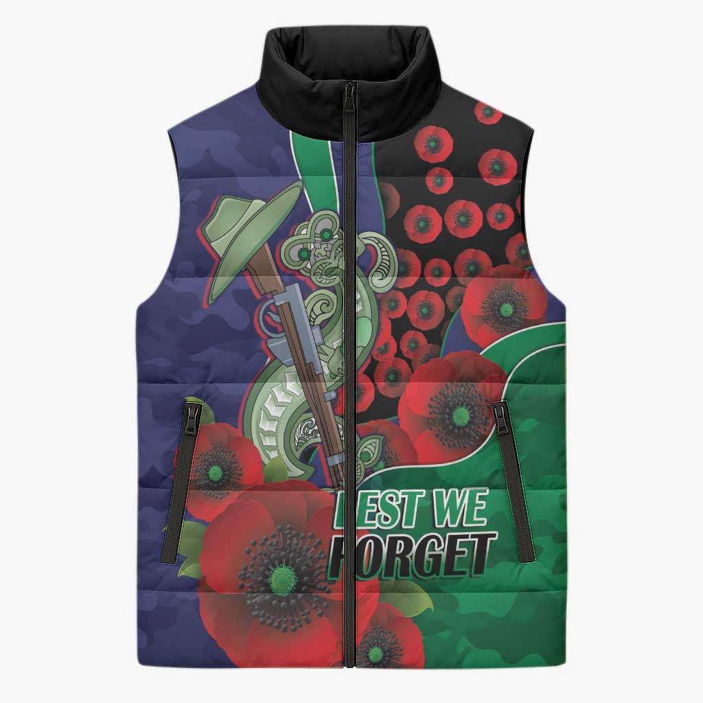New Zealand Warriors ANZAC Personalised Sleeveless Puffer Jacket Lest We Forget Poppy Camo