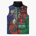 New Zealand Warriors ANZAC Personalised Sleeveless Puffer Jacket Lest We Forget Poppy Camo