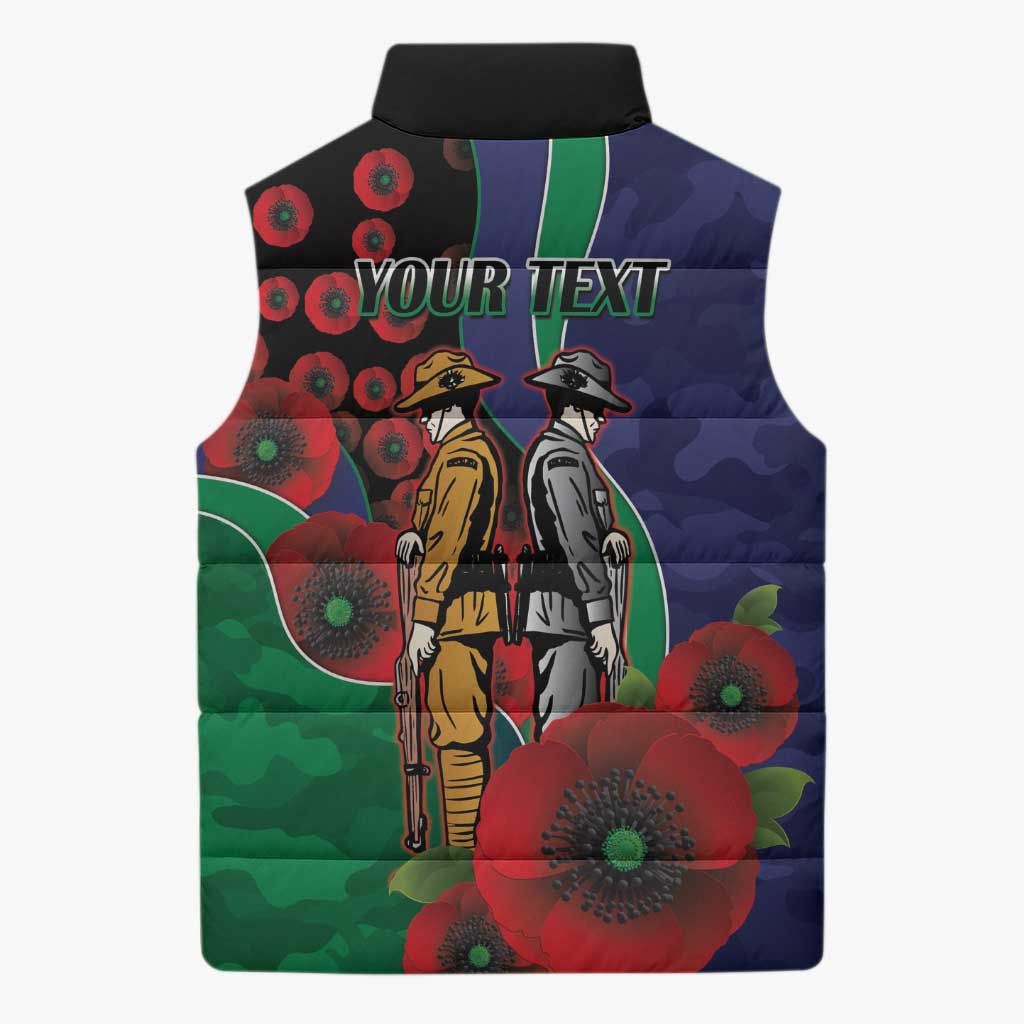 New Zealand Warriors ANZAC Personalised Sleeveless Puffer Jacket Lest We Forget Poppy Camo