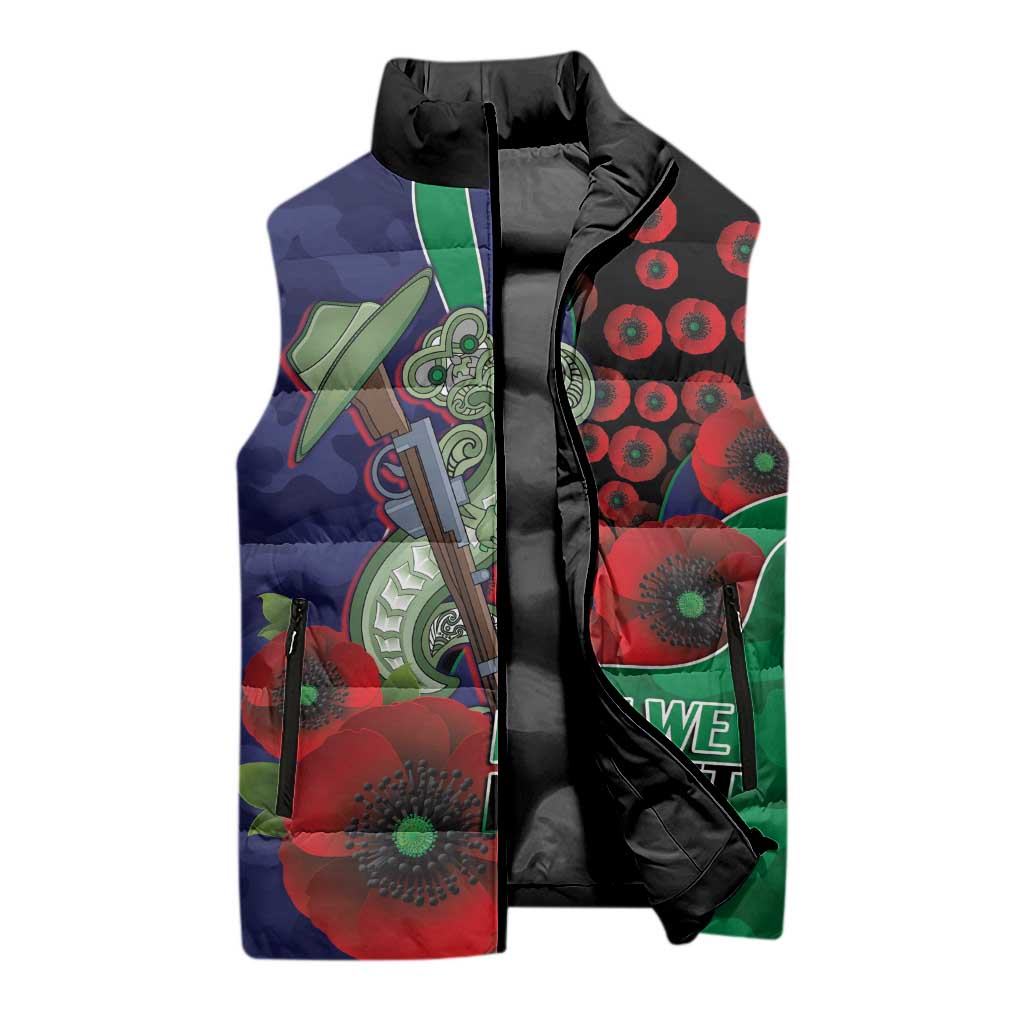 New Zealand Warriors ANZAC Personalised Sleeveless Puffer Jacket Lest We Forget Poppy Camo
