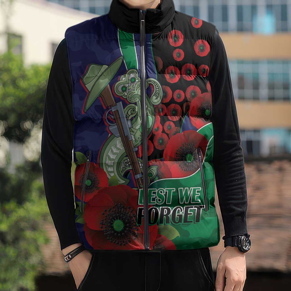 New Zealand Warriors ANZAC Personalised Sleeveless Puffer Jacket Lest We Forget Poppy Camo