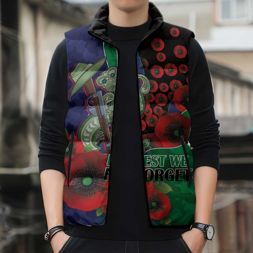 New Zealand Warriors ANZAC Personalised Sleeveless Puffer Jacket Lest We Forget Poppy Camo