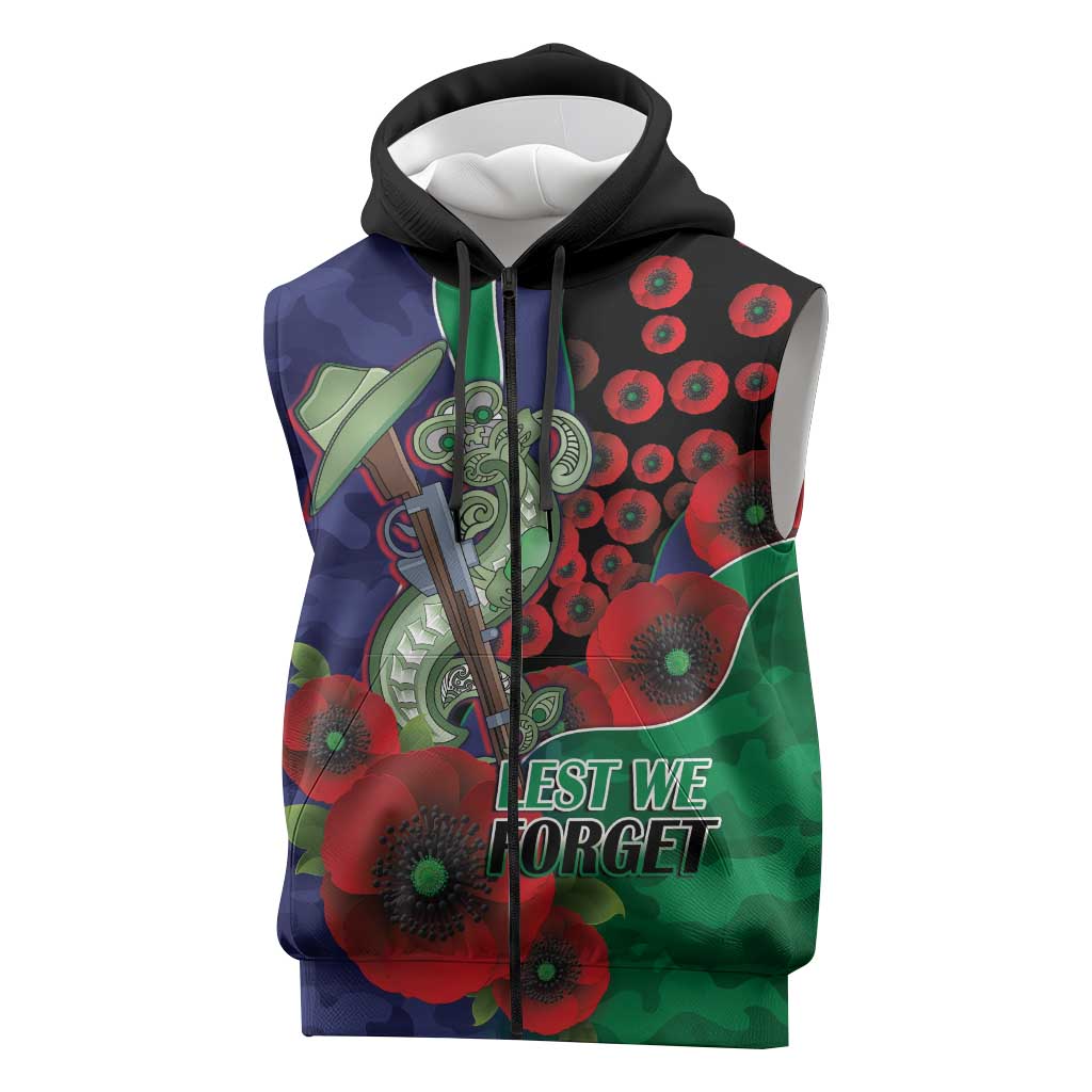 New Zealand Warriors ANZAC Personalised Sleeveless Zip Hoodie Lest We Forget Poppy Camo