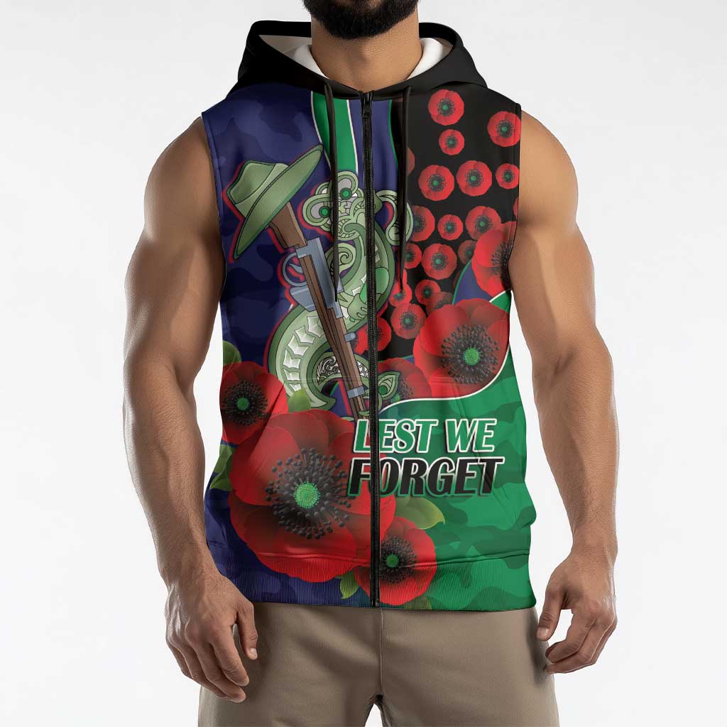 New Zealand Warriors ANZAC Personalised Sleeveless Zip Hoodie Lest We Forget Poppy Camo