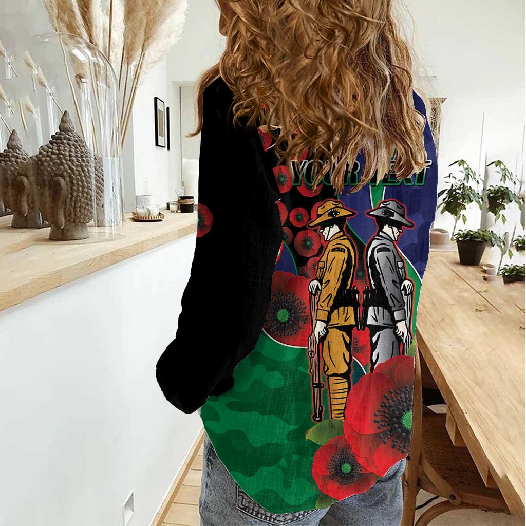 New Zealand Warriors ANZAC Personalised Women Casual Shirt Lest We Forget Poppy Camo