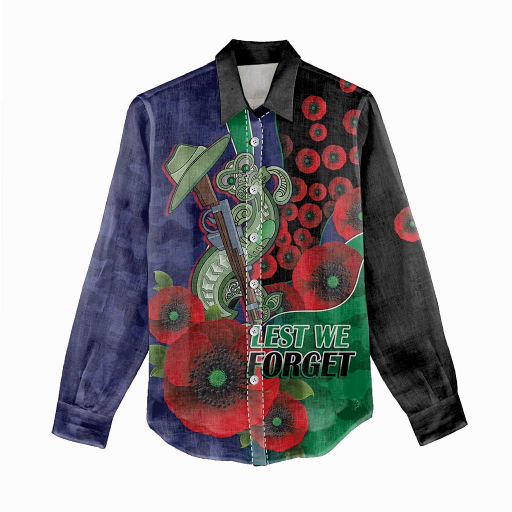 New Zealand Warriors ANZAC Personalised Women Casual Shirt Lest We Forget Poppy Camo