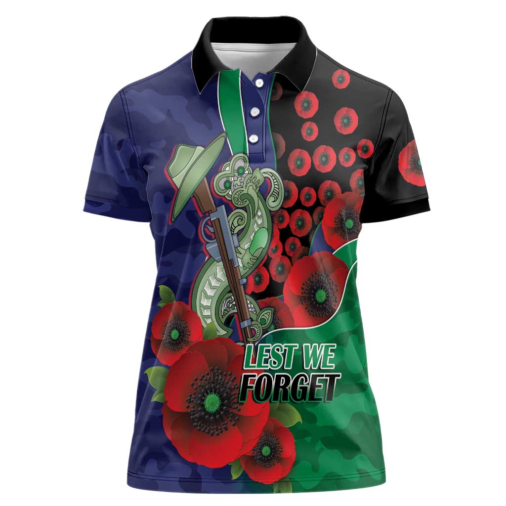 New Zealand Warriors ANZAC Personalised Women Polo Shirt Lest We Forget Poppy Camo
