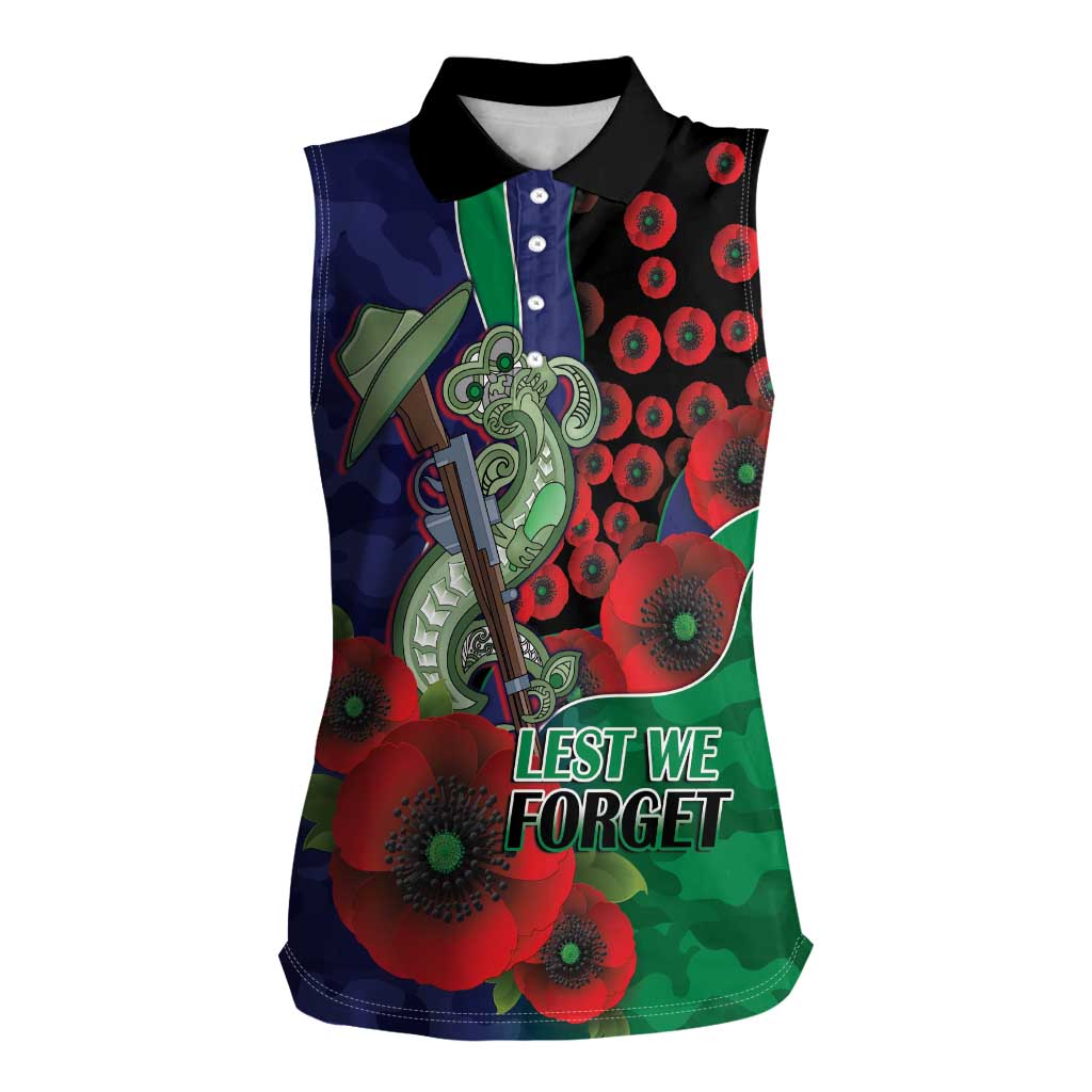 New Zealand Warriors ANZAC Personalised Women Sleeveless Polo Shirt Lest We Forget Poppy Camo