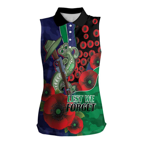 New Zealand Warriors ANZAC Personalised Women Sleeveless Polo Shirt Lest We Forget Poppy Camo