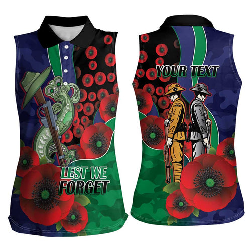 New Zealand Warriors ANZAC Personalised Women Sleeveless Polo Shirt Lest We Forget Poppy Camo