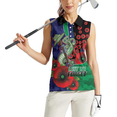 New Zealand Warriors ANZAC Personalised Women Sleeveless Polo Shirt Lest We Forget Poppy Camo