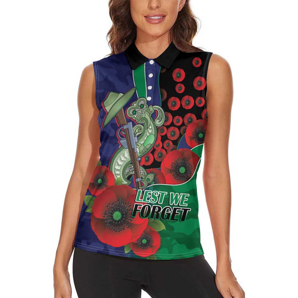 New Zealand Warriors ANZAC Personalised Women Sleeveless Polo Shirt Lest We Forget Poppy Camo