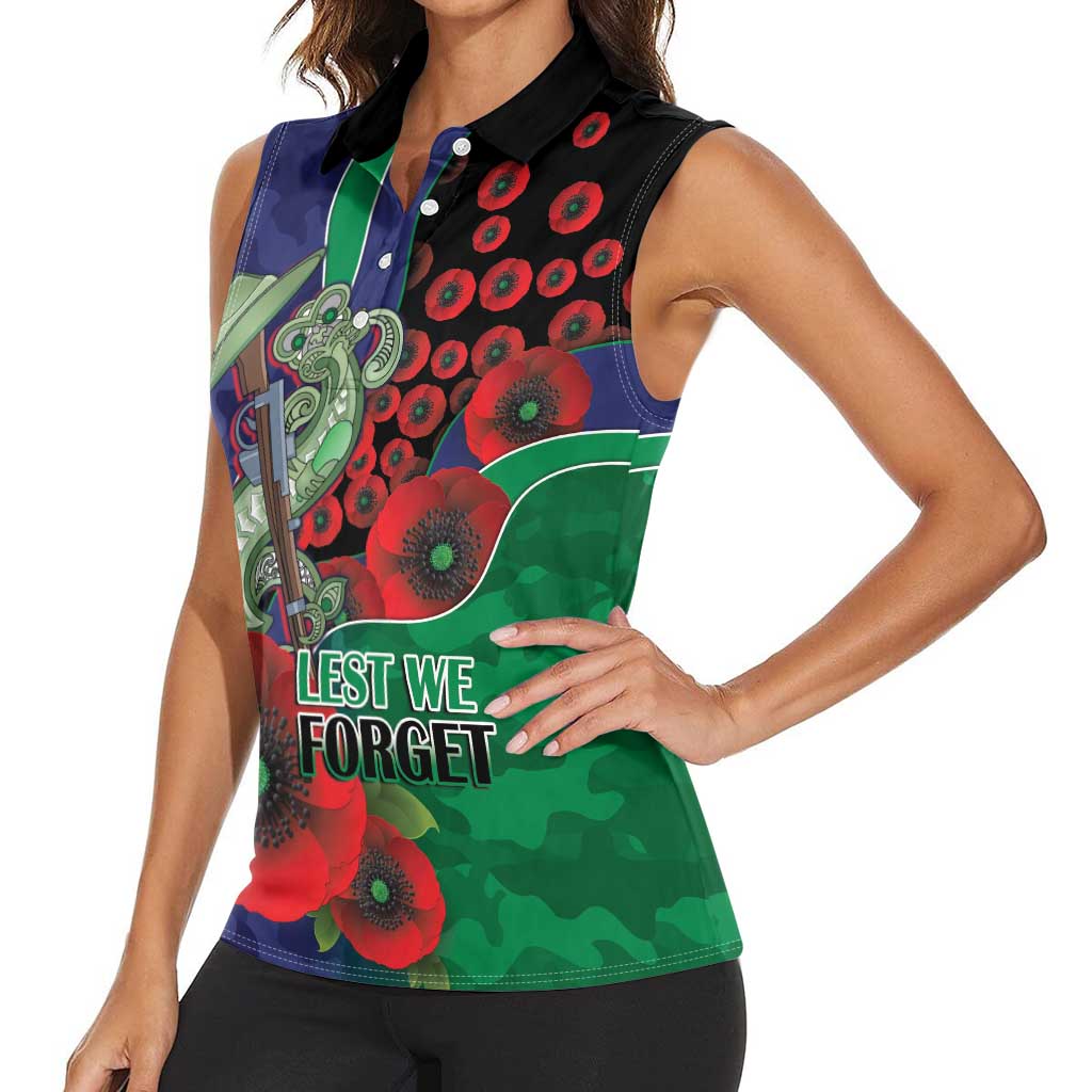 New Zealand Warriors ANZAC Personalised Women Sleeveless Polo Shirt Lest We Forget Poppy Camo