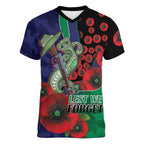 New Zealand Warriors ANZAC Personalised Women V-Neck T-Shirt Lest We Forget Poppy Camo