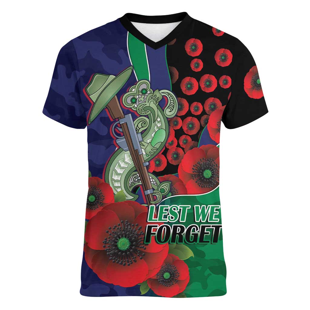 New Zealand Warriors ANZAC Personalised Women V-Neck T-Shirt Lest We Forget Poppy Camo