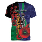 New Zealand Warriors ANZAC Personalised Women V-Neck T-Shirt Lest We Forget Poppy Camo