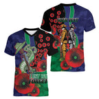 New Zealand Warriors ANZAC Personalised Women V-Neck T-Shirt Lest We Forget Poppy Camo