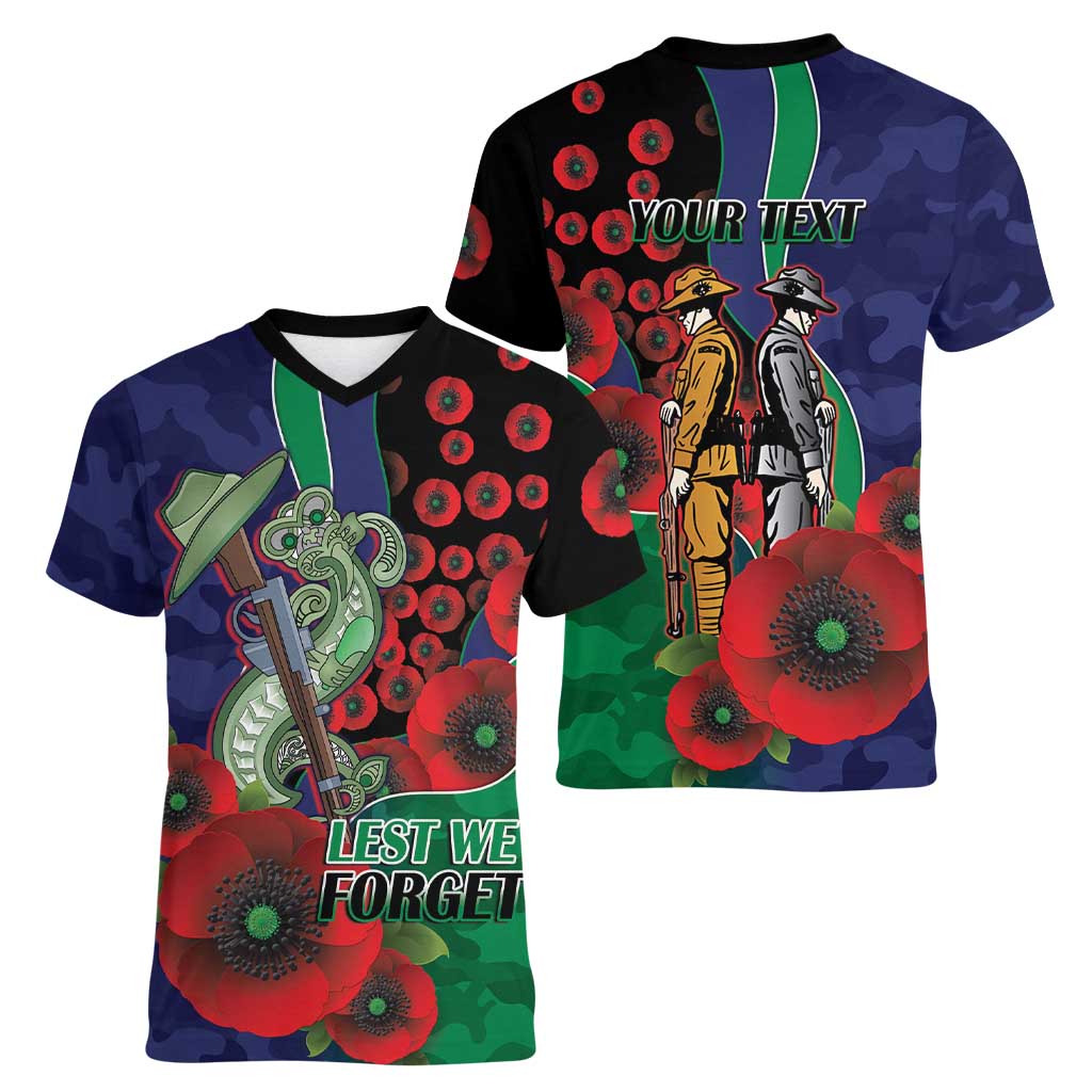 New Zealand Warriors ANZAC Personalised Women V-Neck T-Shirt Lest We Forget Poppy Camo